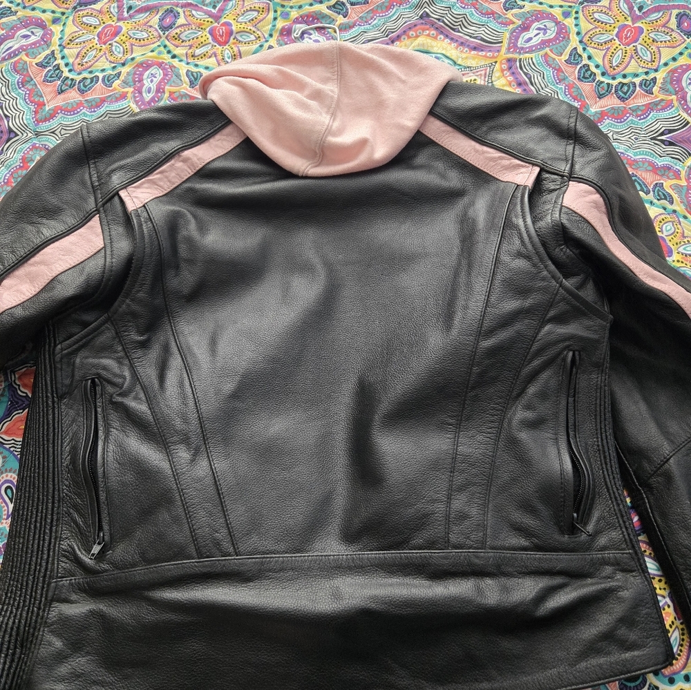 Black and pink leather riding jacket with hooded liner